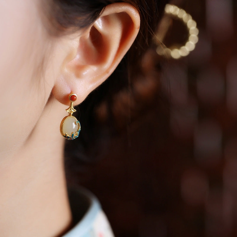 Elegant Sterling Silver & Hetian Jade Earrings Retro Gold Eardrops for Women