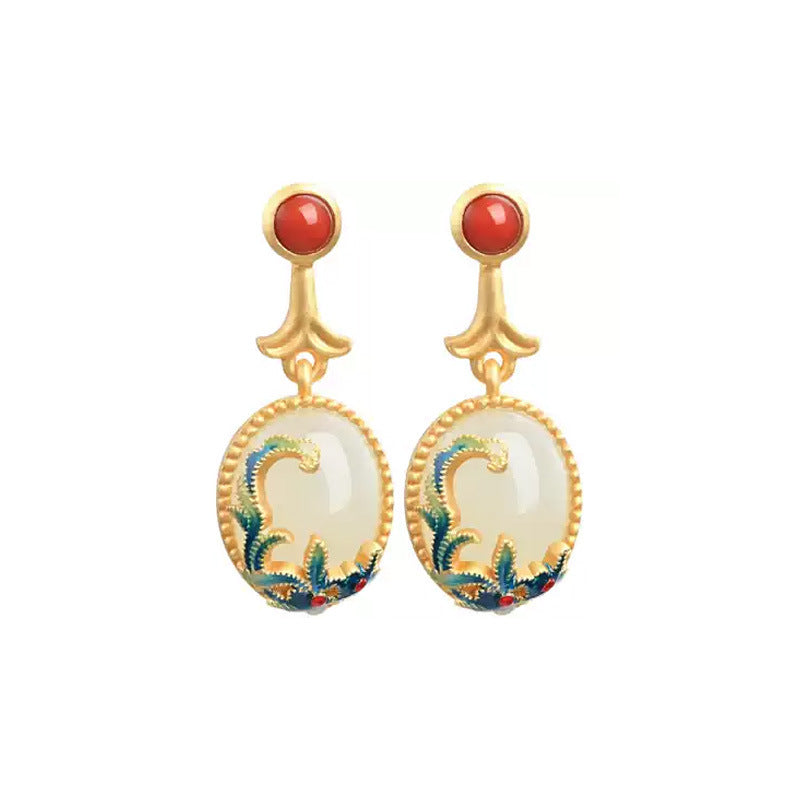 Elegant Sterling Silver & Hetian Jade Earrings Retro Gold Eardrops for Women