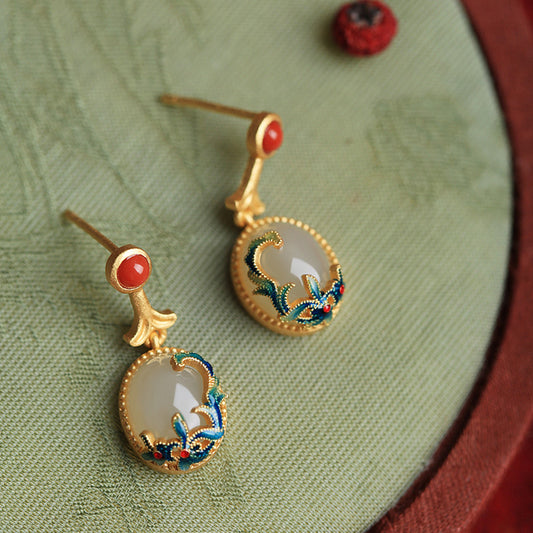 Elegant Sterling Silver & Hetian Jade Earrings Retro Gold Eardrops for Women