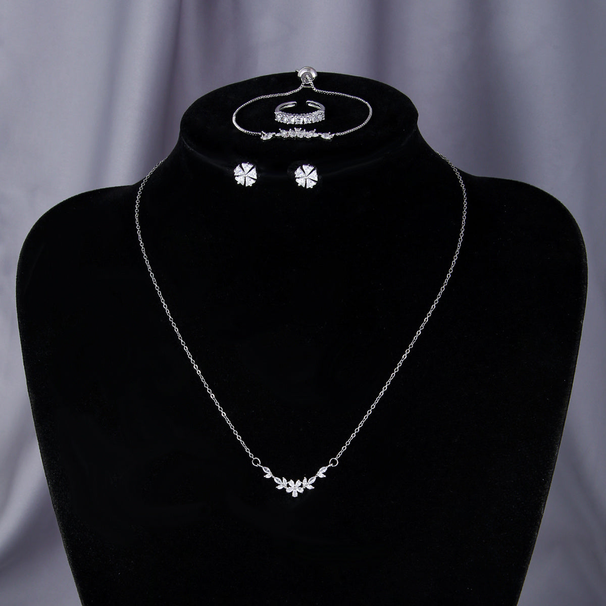 Zircon Inlaid Silver Jewelry Set Elegant Necklace, Earrings, Bracelet & Ring for Women