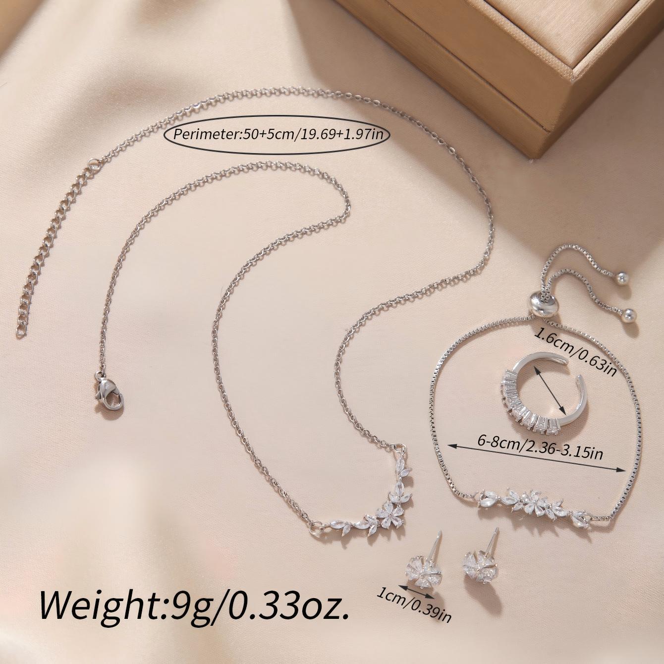 Zircon Inlaid Silver Jewelry Set Elegant Necklace, Earrings, Bracelet & Ring for Women