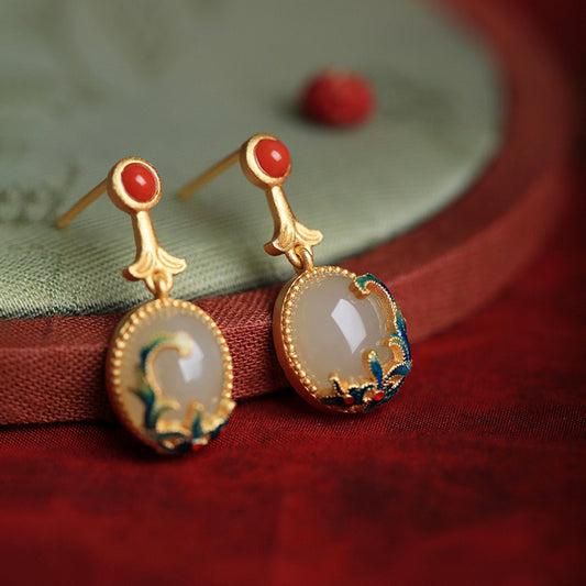 Elegant Sterling Silver & Hetian Jade Earrings Retro Gold Eardrops for Women