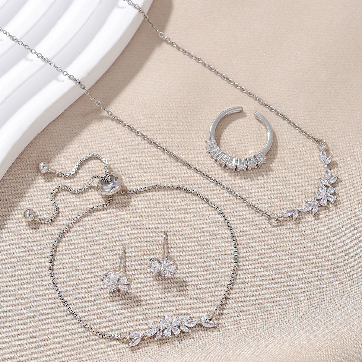 Zircon Inlaid Silver Jewelry Set Elegant Necklace, Earrings, Bracelet & Ring for Women