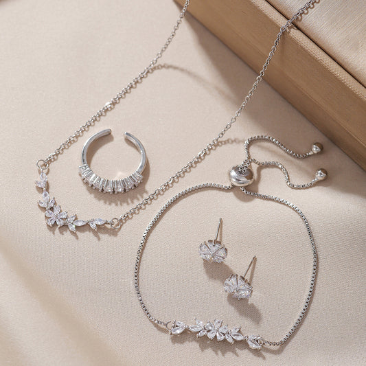 Zircon Inlaid Silver Jewelry Set Elegant Necklace, Earrings, Bracelet & Ring for Women