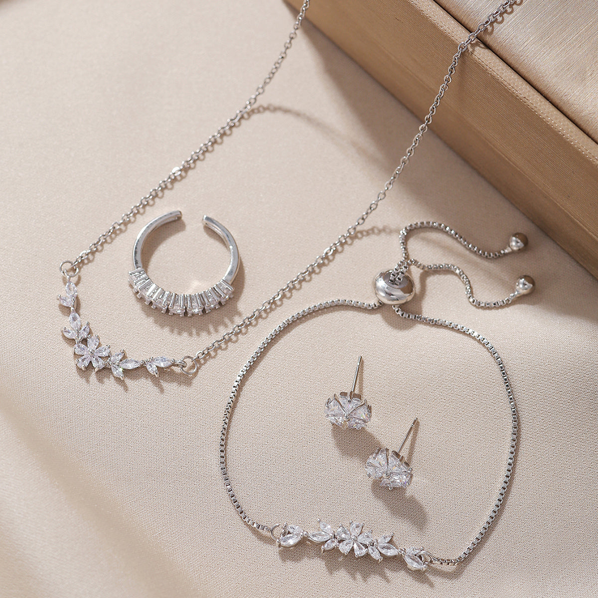 Zircon Inlaid Silver Jewelry Set Elegant Necklace, Earrings, Bracelet & Ring for Women