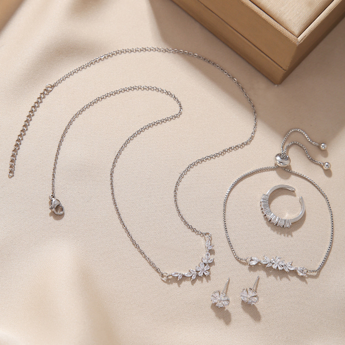 Zircon Inlaid Silver Jewelry Set Elegant Necklace, Earrings, Bracelet & Ring for Women